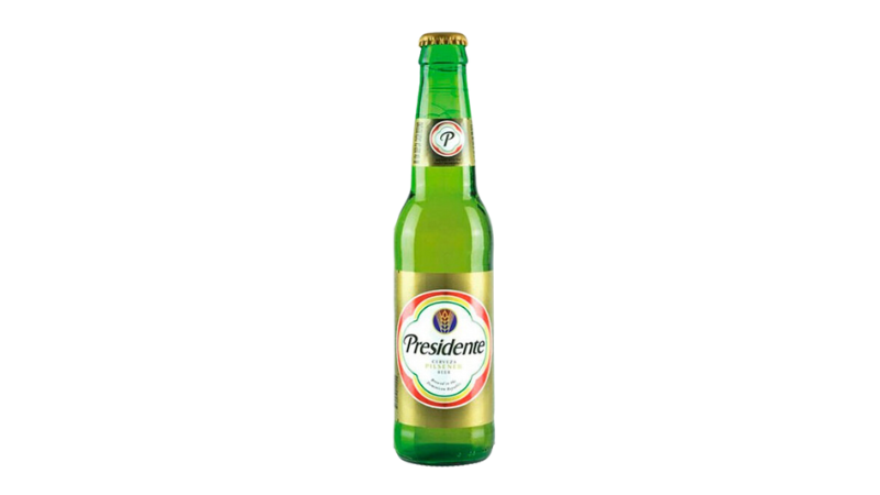 A bottle of Presidente Beer