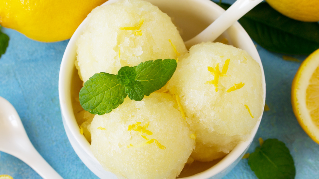 A close up of lemon sorbet in a bowl