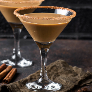 A creamy coffee cocktail in a martini glass.