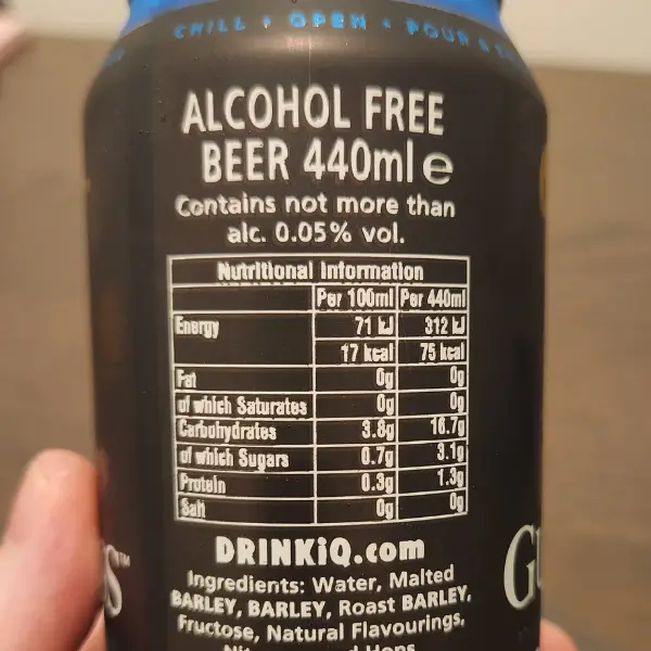 A close up of the nutritional information on a Guinness 0.0 can.