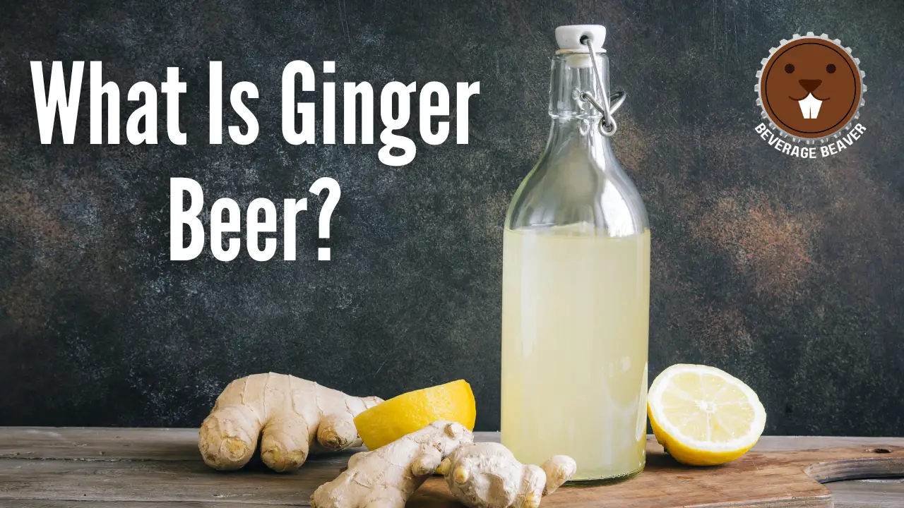 A bottle of ginger beer on a table surrounded by ginger and lemons.