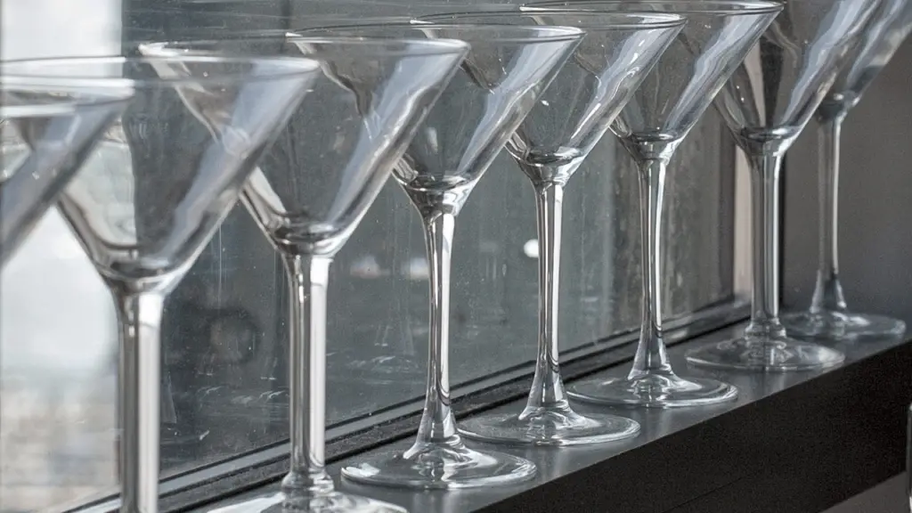 A row of Martini Glasses on a shelf.
