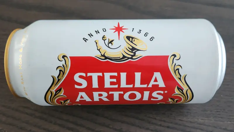 A close Up Of A Stella Artois Can Showing the label and the words "Anno 1366"